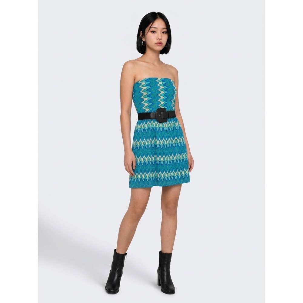 Ruby Rox Blue Chevron Zigzag Strapless Belted Mini Dress Retro Boho Size: M